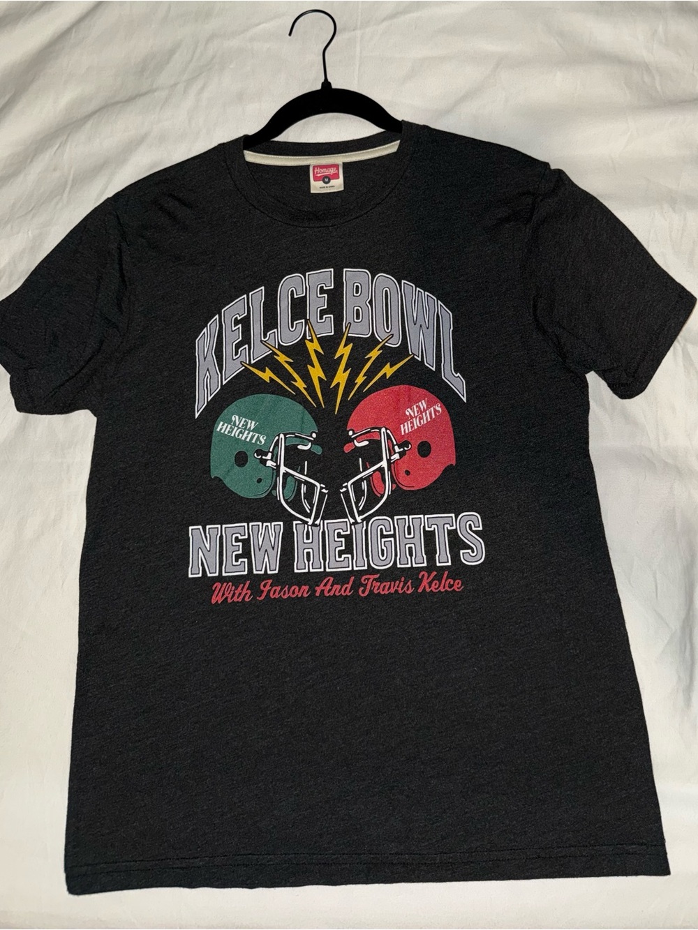 HOMAGE Travis & Jason Kelce Bowl New Heights Graphic Tee w/ Green & Red Helmets